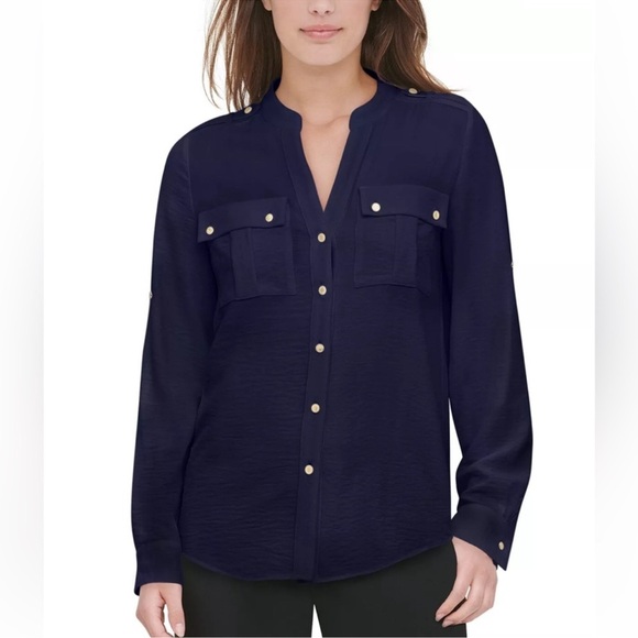 CALVIN KLEIN Textured Roll-Tab Blouse Top Sz Small Twilight Navy Blue New - Picture 1 of 6